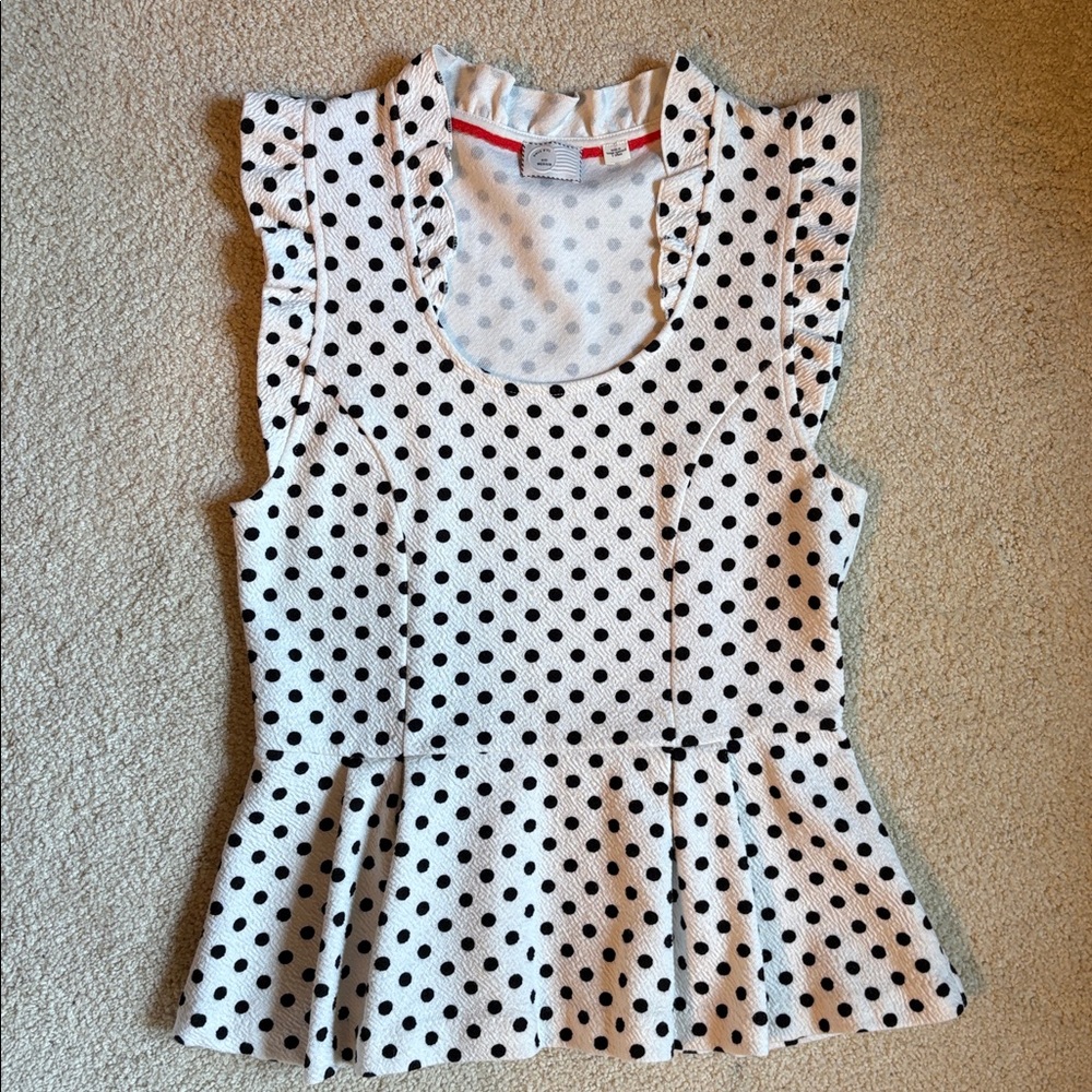 Anthropologie Postmark Polka Dot Peplum Ruffle Top White and Black size M - Picture 6 of 10